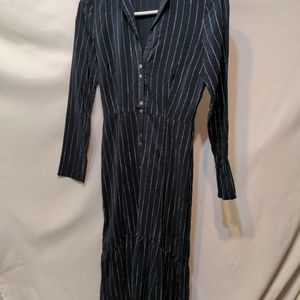 Becken Navy pin strip button down flare bottom silk polyester Dress size 2